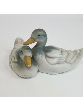 Pair of Porcelain Ducks Snuggling Courting Figurine Mallards Grey Green Birds